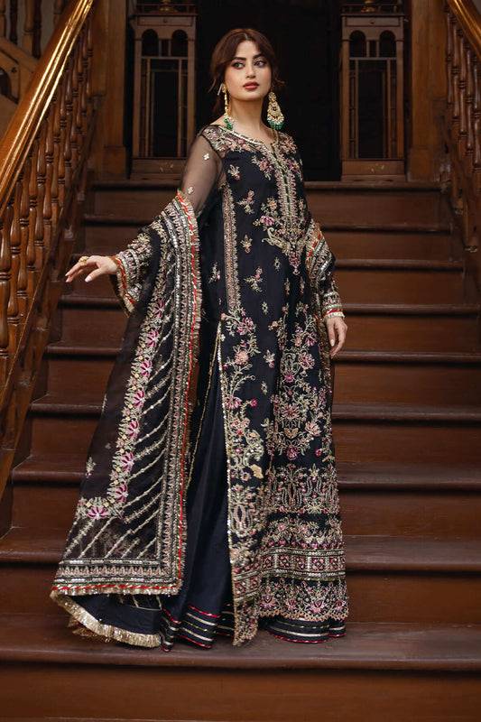 A woman wearing a traditional outfit with embroidered organza details and a dupatta, standing on stairs.