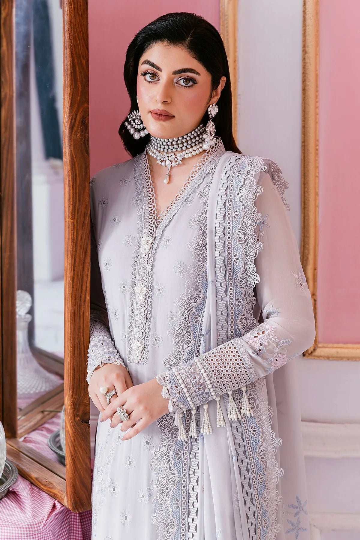 Unstitched grey 3 piece suit S-1091 Stone by Imrozia | Serene displayed on a neutral background.
